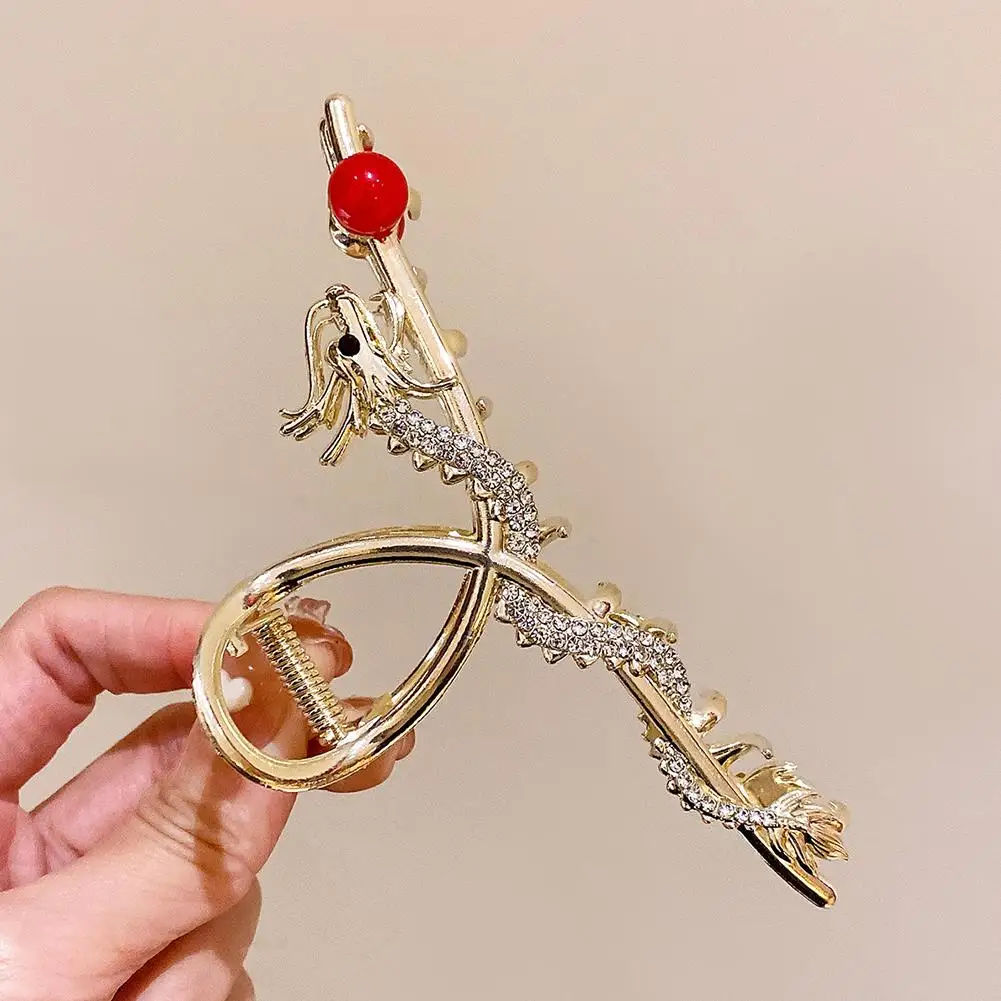 Chinese Dragon Year Hair Clips Hair Accessories for Women Girl Red Bead Metal Rhinestone Claw Pin Fashion Jewelry