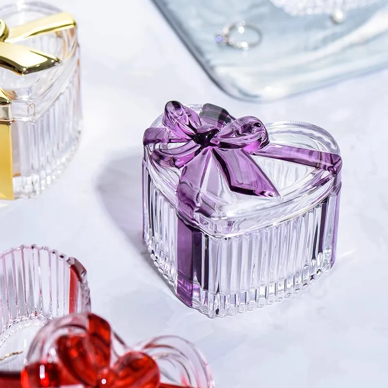 Glass Heart-Shaped Jewelry Box Candy Box with Lid Women's Covered Earrings Necklace Chest Trinket Storage Box Glass Storage Jar