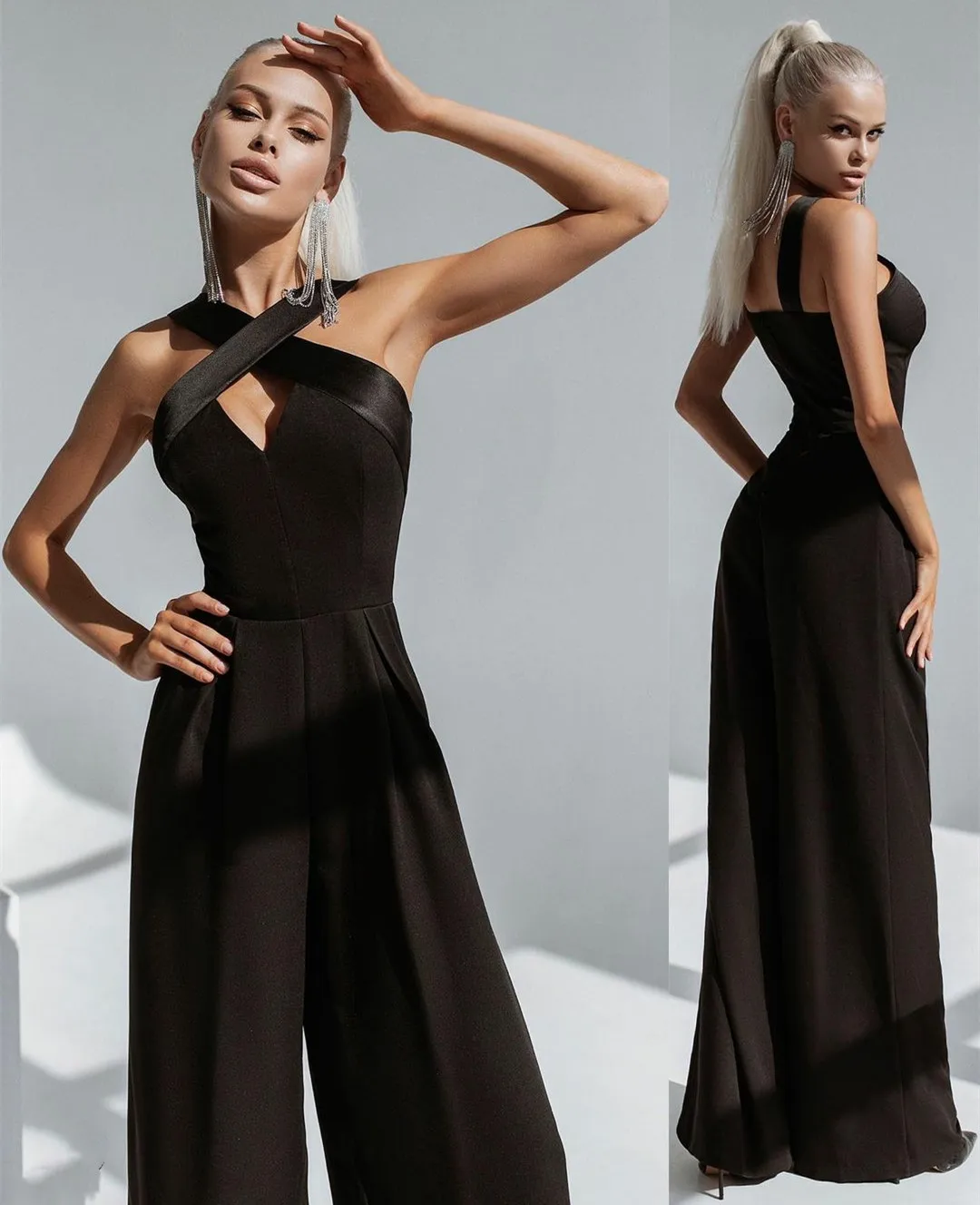 

Long Black Jumpsuit Evening Dresses With Pockets Satin Prom Gowns Robes de soirée Floor Length Party Dresses Вечерние платья