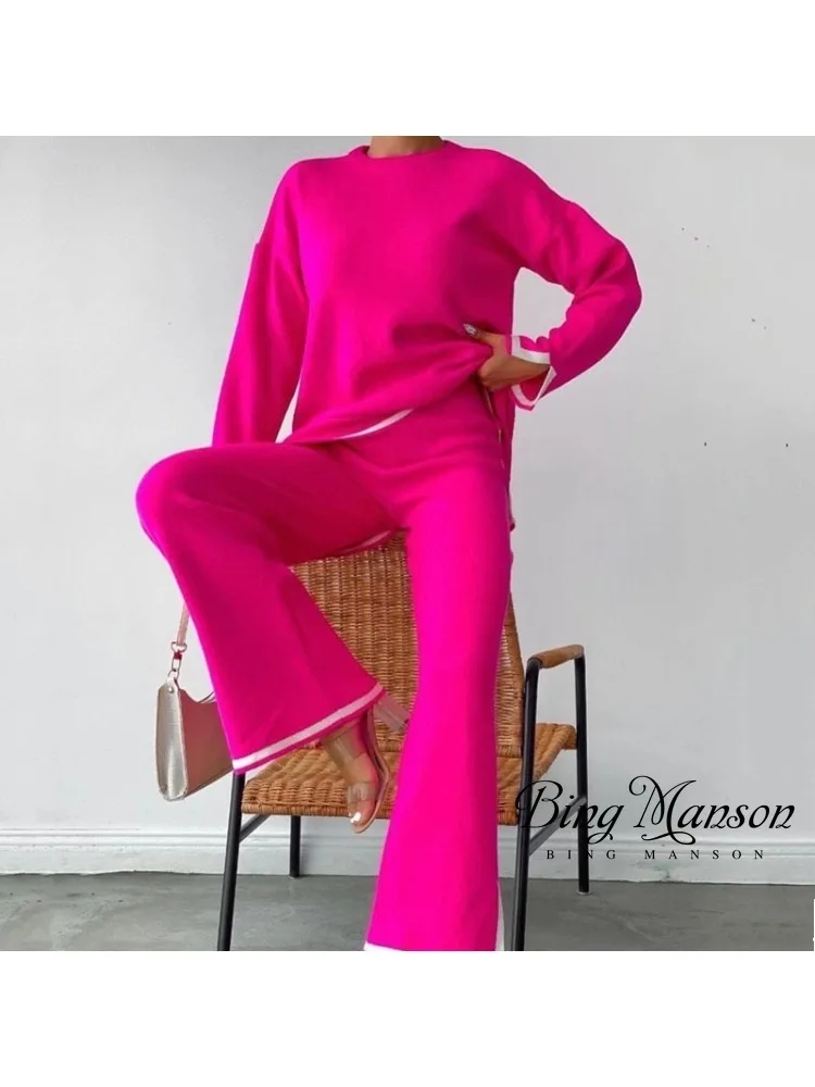 

Осенне-зимний женский Повседневный свитер с длинным рукавом, модный вязаный уличный топ и брюки, комплект из двух предметов, женская одежда