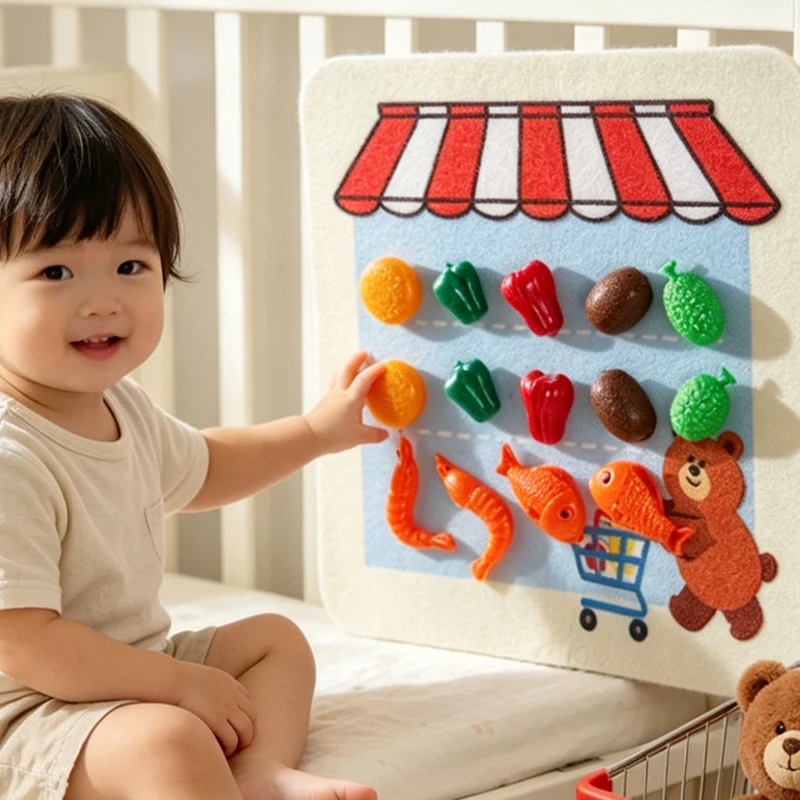Gioco di simulazione cucina in feltro per bambini, adesivi da parete/recinzione, simulazione di frutta e verdura da fattoria, giocattolo per attività motorie grosse - immagine 4