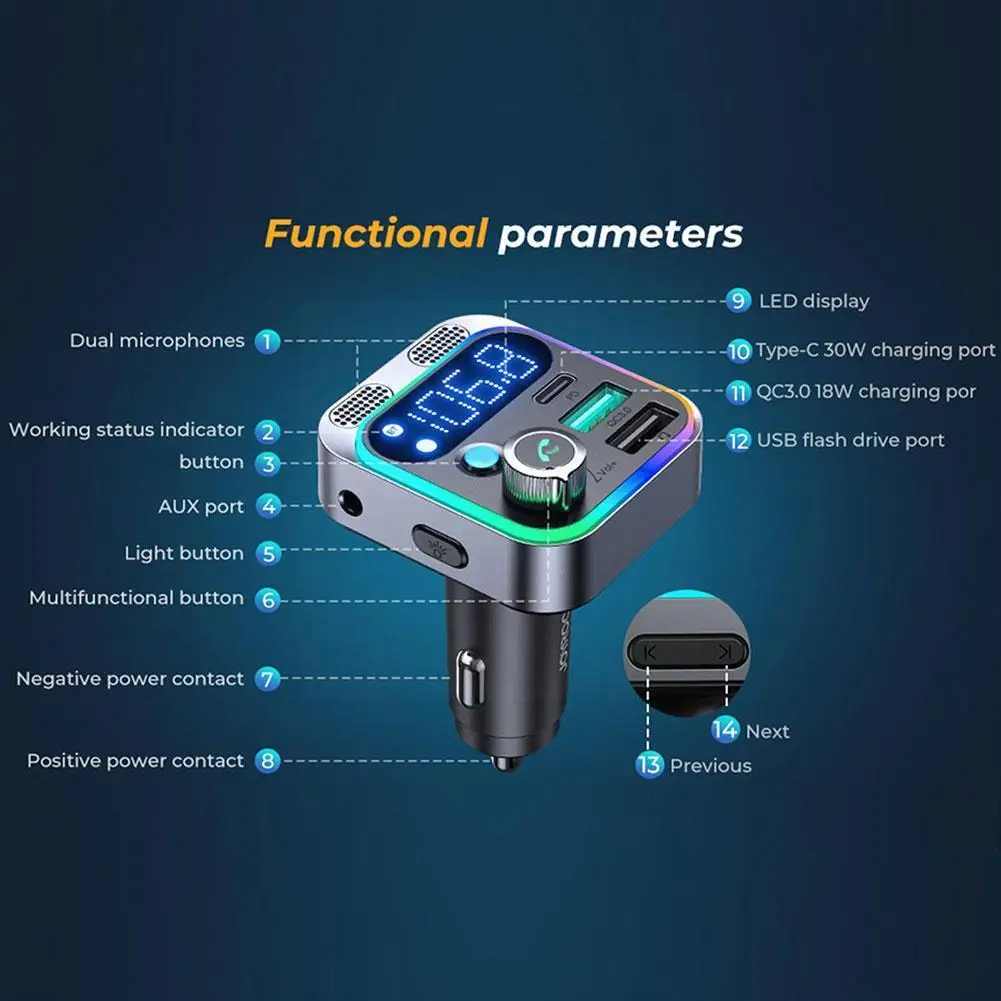 Bluetooth 5.3 FM Transmitter Car Charger Bluetooth Adapter 48W PD&QC3.0 Dual Mics Deep Bass Sound,car stereo