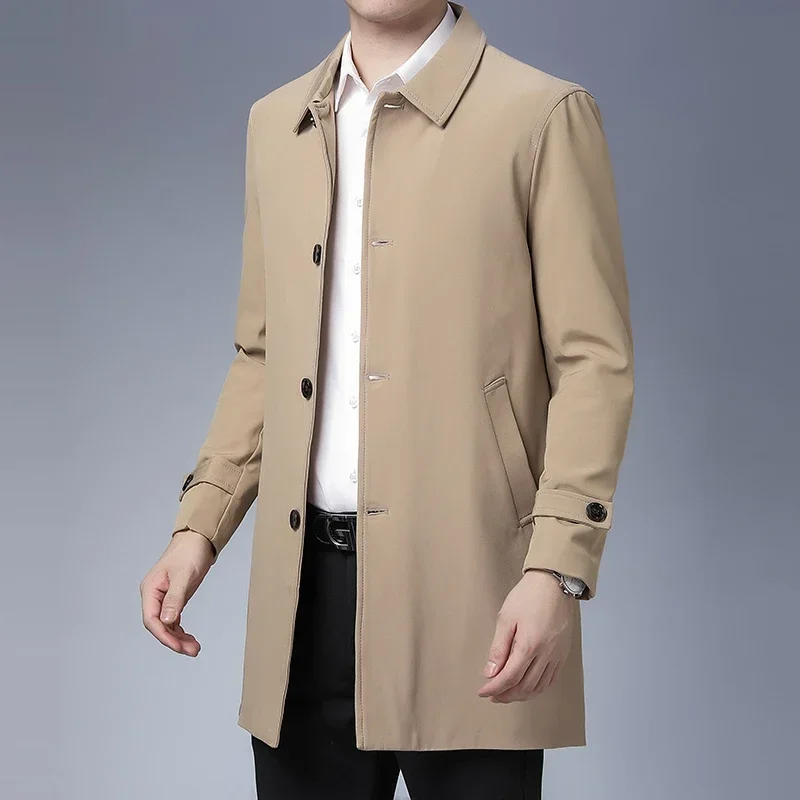 Mens Spring Jacket Men's Business Casual Black Khaki Long Jacket Top Quality Single Breasted Solid Trench Coat