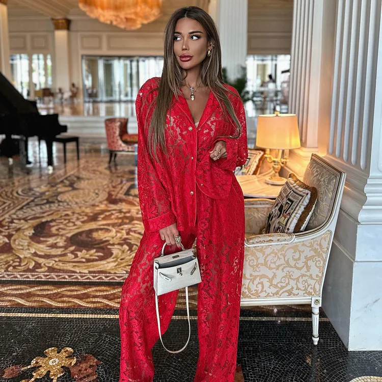 Lace Hollow Out Printed 2 Piece-Set Trousers Female See-Through Sexy See-Through Shirts And Fashion Women's Pants Outfits