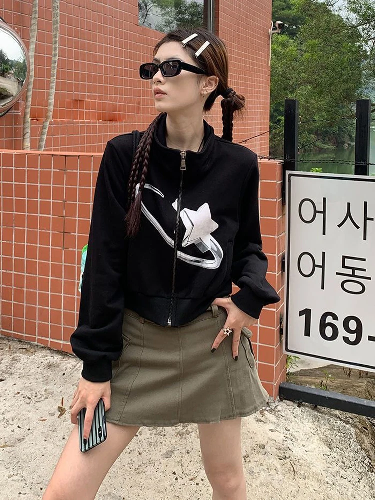 

Винтажные свободные тонкие Топы большого размера на молнии, женская черная футболка с длинным рукавом, одежда для гранж Y2K, корейские модные футболки с графическим рисунком