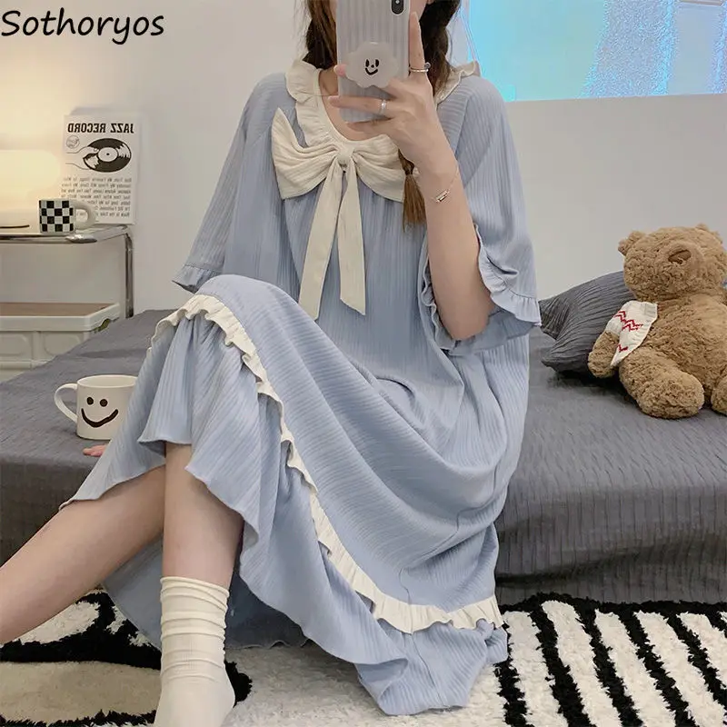 

Nightgowns Women Cozy Soft Summer Feminine Lovely Tender Breathable Casual Mid-calf Sleepwear Basic Student Preppy Style Korean