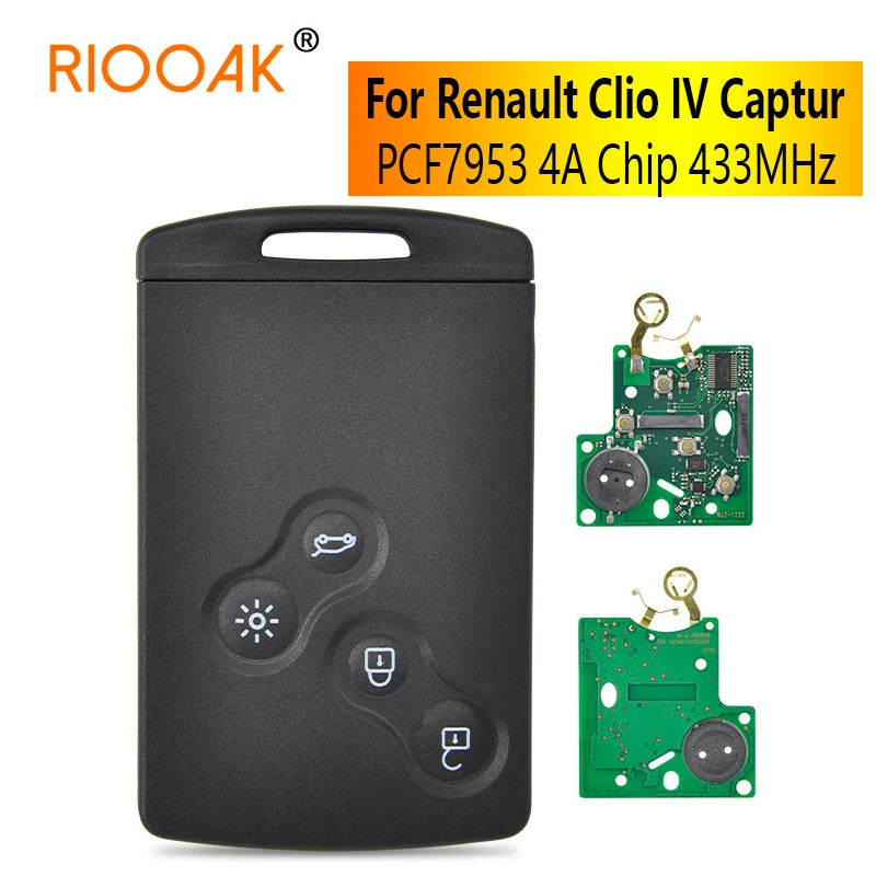 RIOOAK For Renault Smart Remote Clio IV 2009-2015 Captur 2013-2017 433MHz 4A Chip PCF7953 Hands Free Promixity Key cwtwb1g767 remote flip car key 2button 4a chip 7961m for renault kadjar captur symbol megane iii 2013 2014 2015 2016 2017