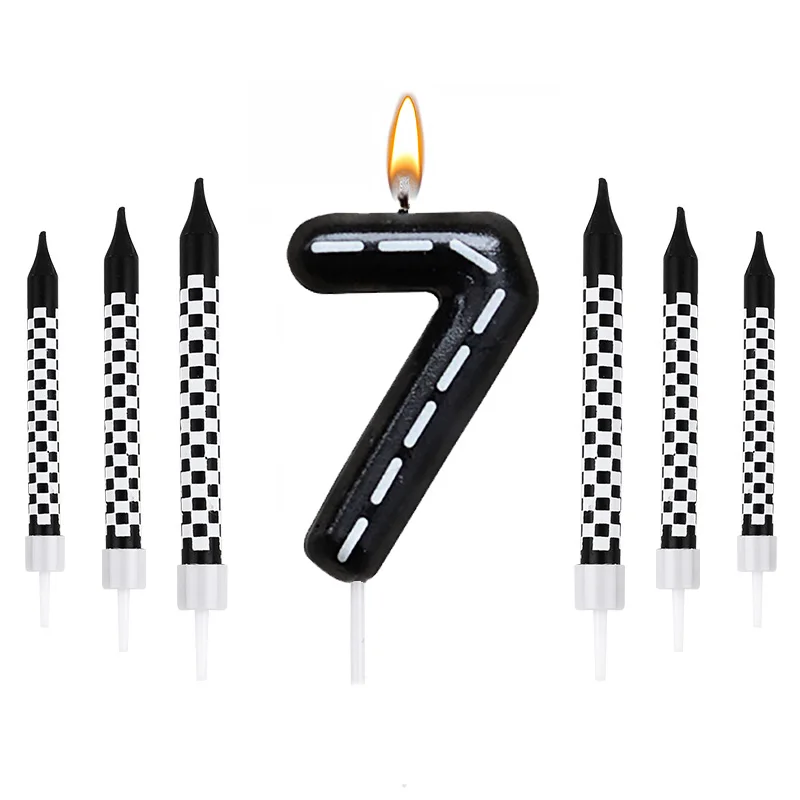 7 יחידות / מערכת רכבי מרוץ יומולדת נרות מספר שחור לבן בדיקה על גבי עוגת נושא ילדים בנים יומולדת מסיבת קישוטים
