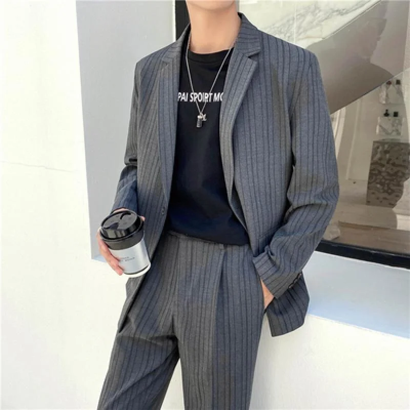 

Men's Stripe Suit Two Pieces Set Simple Light Mature Loose Long Sleeve Coat + Pants High Quality New 2024 Gentleman