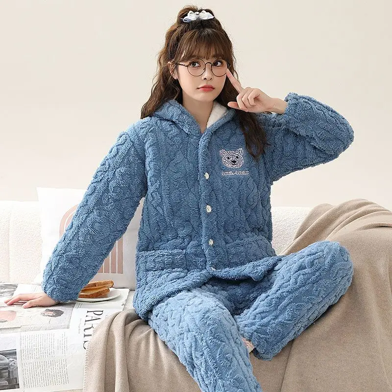 2024 New Women's Pajamas Winter Thicken Girls Coral Fleece Three Layer Cotton Sleepwear Hat Plush Warm Ladies Home Clothes Set