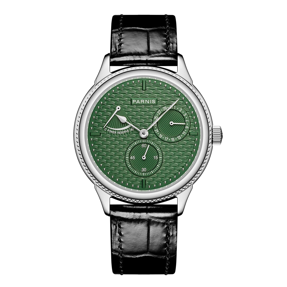 

2024 Luxury Watch Parnis 42mm Green Dial Automatic Mechanical Men's Wristwatch Power Reserve Calendar Watches Relogio Masculino