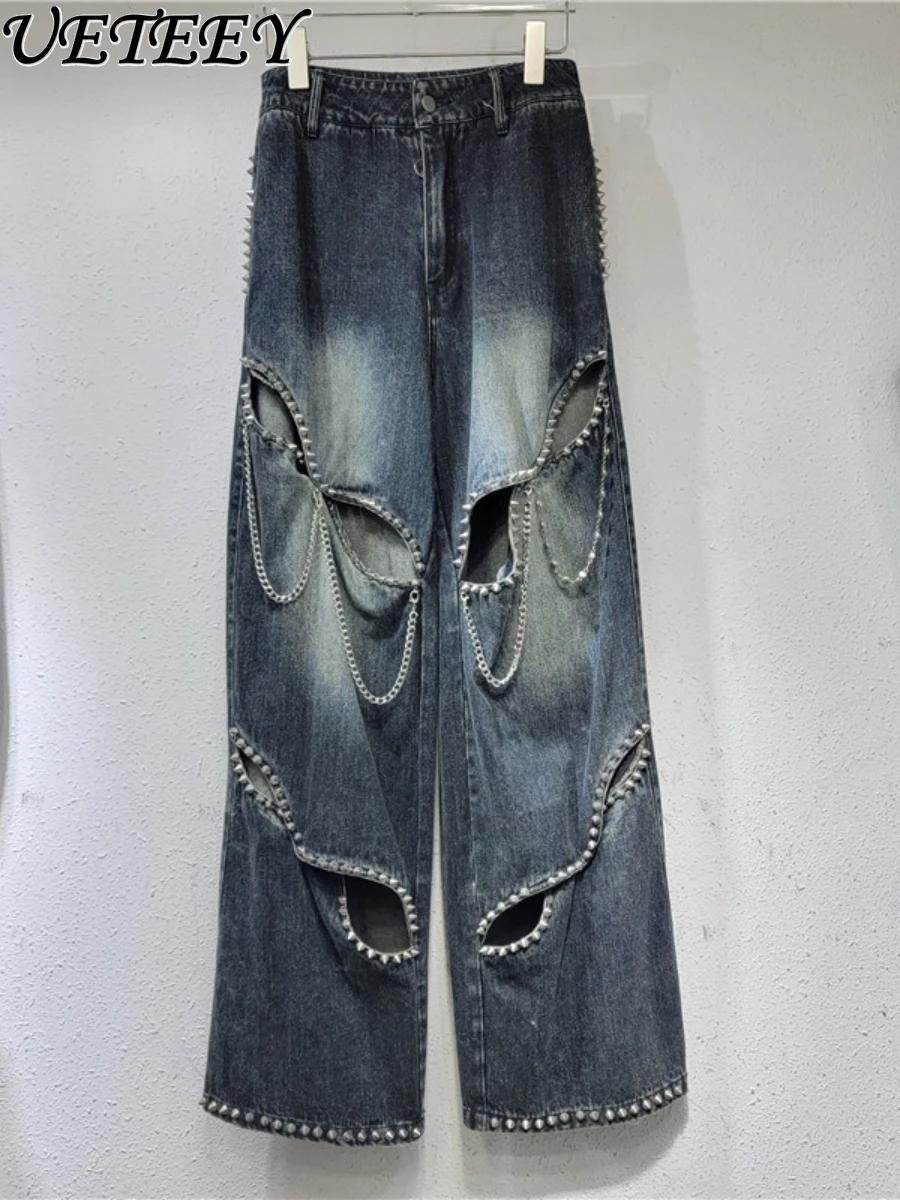 

Уличные красивые изысканные повседневные джинсовые брюки с украшением цепей женские джинсы с высокой талией свободные стройнящие широкие брюки