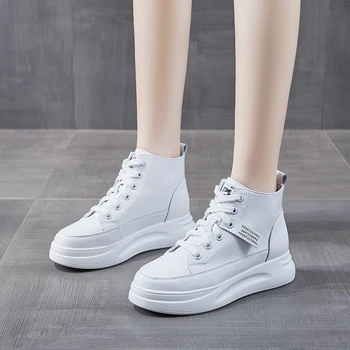 Womens White High Top Platform Sneakers Leather Upper Thick Sole Casual Lace Up Shoes Lightweight Non Slip Height Increasing 4