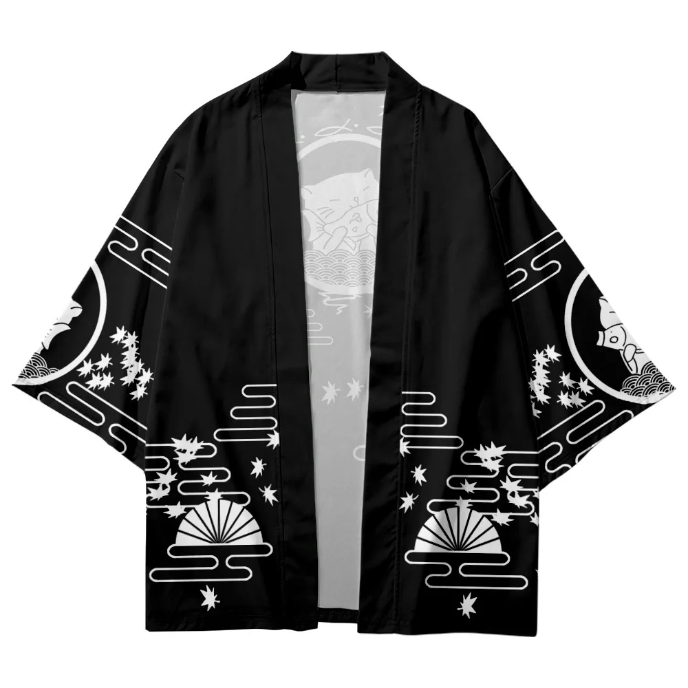 Summer Beach Casual Oversized Cardigan Blue Haori Women's Traditional Clothing Japanese Cat Printing Kimono Men Tops 5XL 6XL