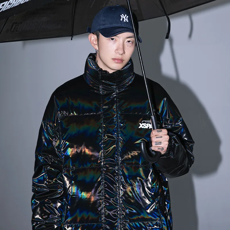 

Laser Colorful Men's Parka Winter New Trend Brand Thicken Windproof Jackets High Street Couple's Warm Ins Simple Solid Parka Men