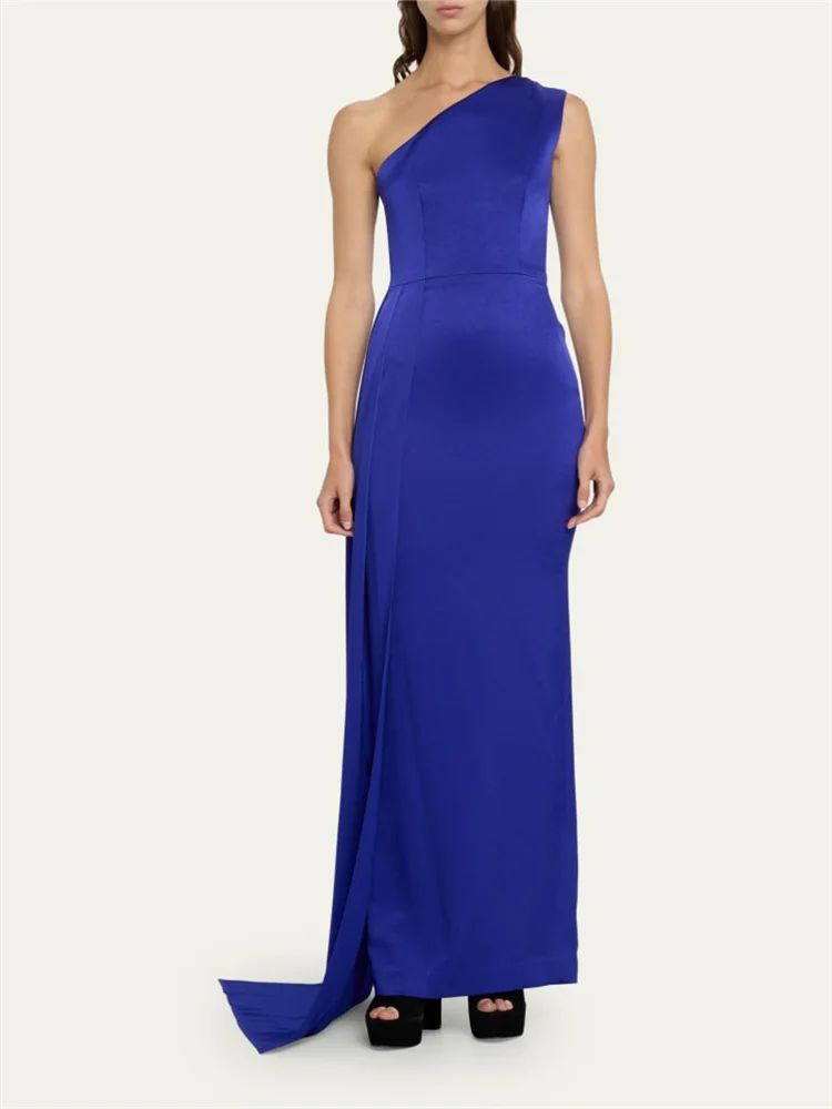 

New Arrival One-Shoulder Neckline Sleeveless Column Satin Evening Dress Elegant Back Center Slit Floor Length Gown For Women