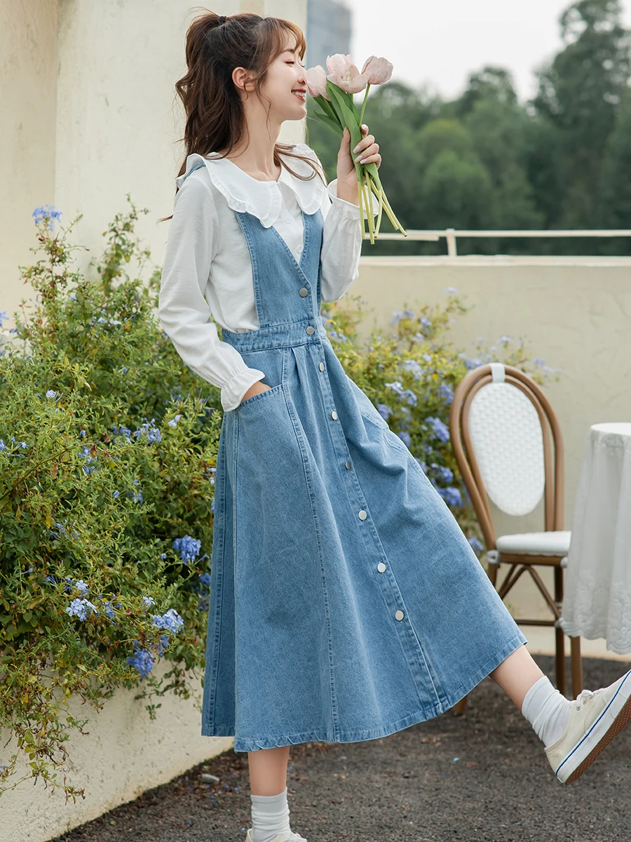 Denim Strap Dress Summer Sleeveless V-Neck Vest Dress Blue