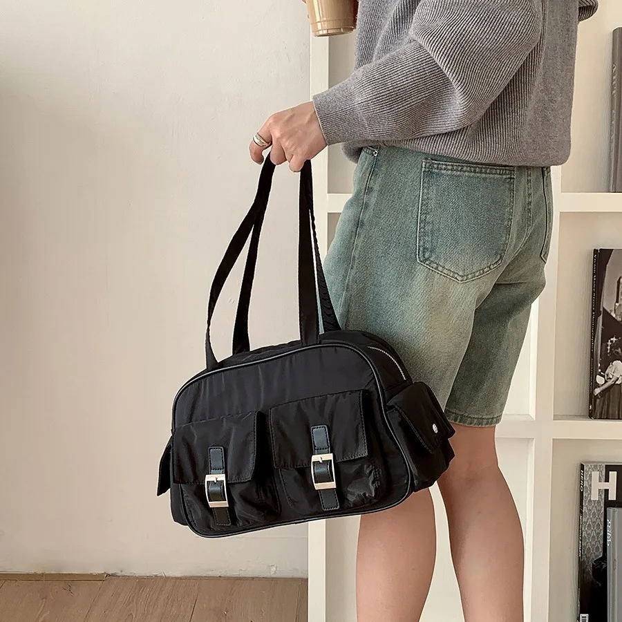 

High Street Muti Pocket Women Shoulder Bag Korean Vintage Solid Color Tote Ladies Bag Causal Travel Commuter Women Travel Bag