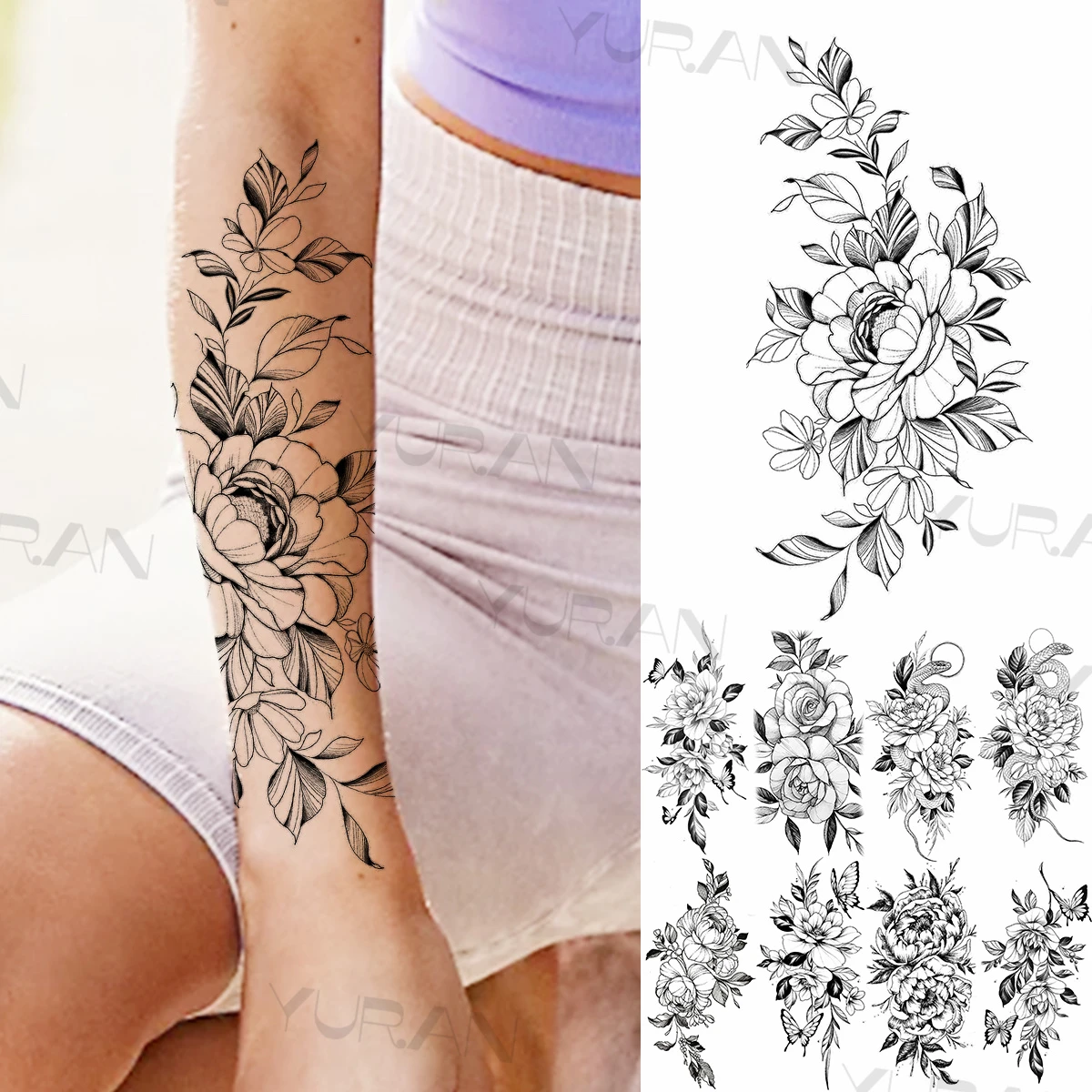 Tatouage Floral Avant Bras Femme Grands Tatouages Temporaires En 3d Pour Femmes Et Filles, Motif De Rose,  Serpent, Papillon, Floral, Autocollant Pour Avant-bras, Taille - Temporaire  Tatouages - AliExpress