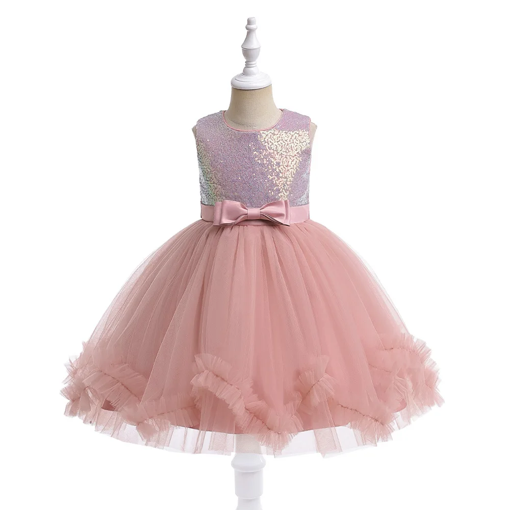 

Princess Pink Wedding Christmas New Year Party Gown Kids Heavy Sequins Ballgown Tulle Tutu Flower Girl Dress for 4-13 Y