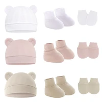 3Pcs Newborn Baby Hat Socks Gloves Set Cute Baby Boy Girl Cap With Ears Solid Color Infant Beanie 5