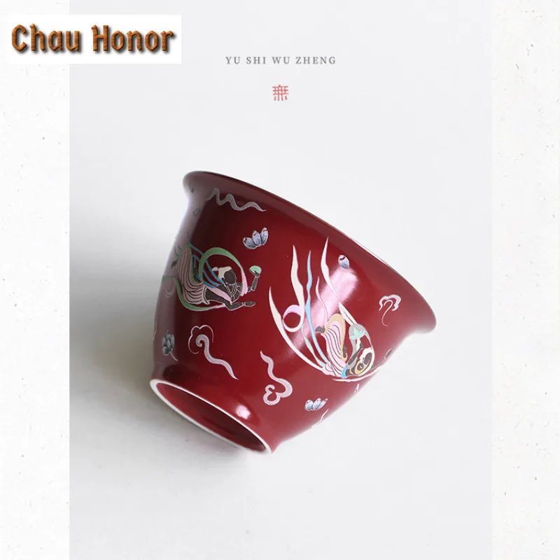 110ml Dunhuang Apsaras Red Coarse Pottery Gaiwan Zen Tea Tureen Tea Bowl With Lid Kit Tea Brewing Cover Bowl Teaset Drinkware