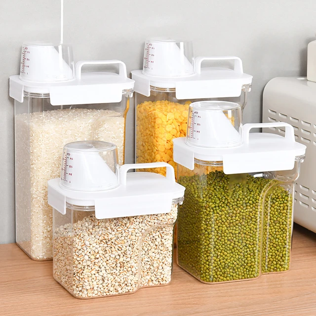 Clear Airtight Food Storage Container with Measuring Cup and Handle Easy  Pouring Cereal Dispenser Kitchen Pantry Organizer Jars - AliExpress