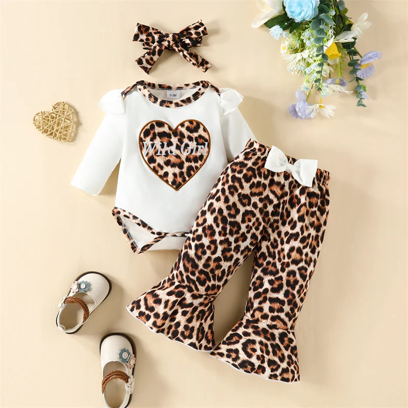 

2023-05-23 Lioraitiin 0-18M Baby Girls 3Pcs Fall Clothes Letter Print Long Sleeves Romper Leopard/Floral Flared Pants Headband