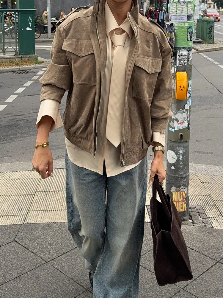 HH Women Casual Solid Jackets Turtleneck Long Sleeve Zipper Loose Coats With Pocket Autumn Casual Office Lady Outwear