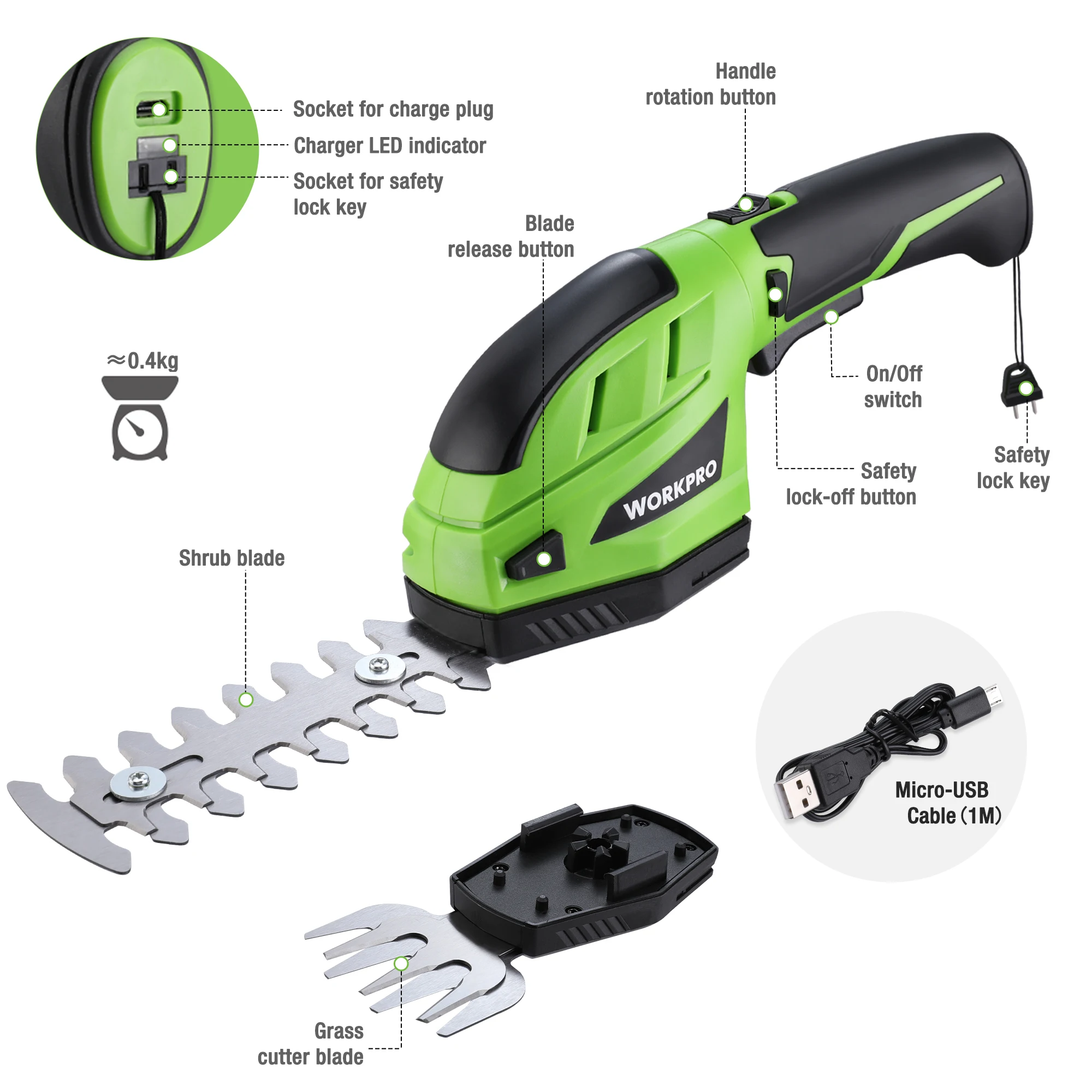 WORKPRO Battery Grass and Shrub Shears, Handy Grass Shears, 3.6V, 2000 mAh, 2 Different Blades, with Battery and Charging Cable 3