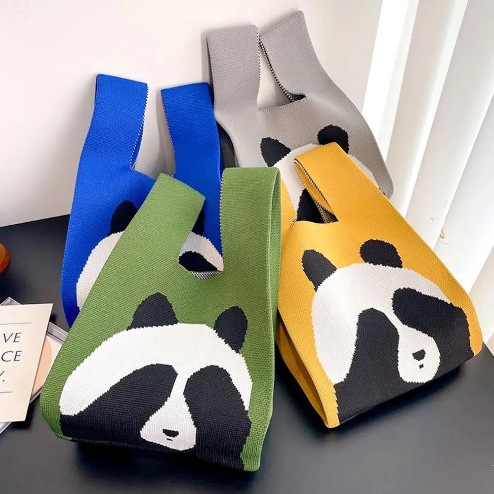 

Handmade Knit Handbag Women Cute Panda Pattern Large Capacity Shoulder Bag Casual Tote Bag Student Reusable Shopping Bag