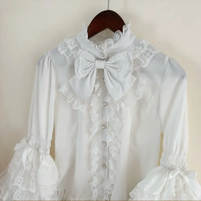 Gothic & Sweet Lolita Shirt - Long Sleeve Ruffled Blouse for JSK Dresses, Kawaii Doll Lace Top with Puff Sleeves in Pink/White