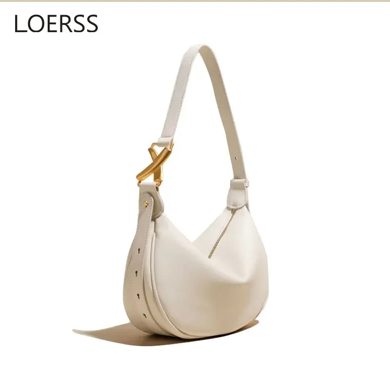LOERSS Genuine Leather Tote Bag for Women's Casual Pure Color Cowhide Shoulder Bag Niche Handbag Versatile Fashion Crossbody Bag