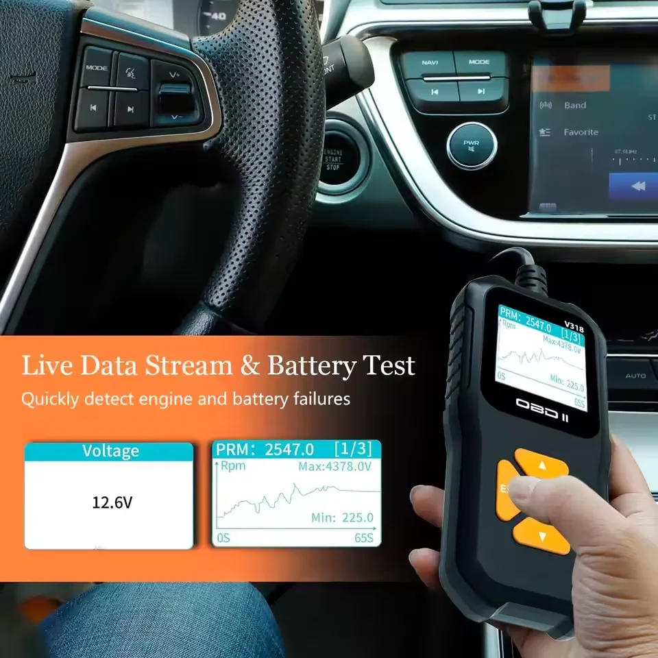 V318 Auto Diagnostic Tool Scanner Automobile Battery Tester OBD2 Automobile Clear Fault Detects Support Multiple Languages 5