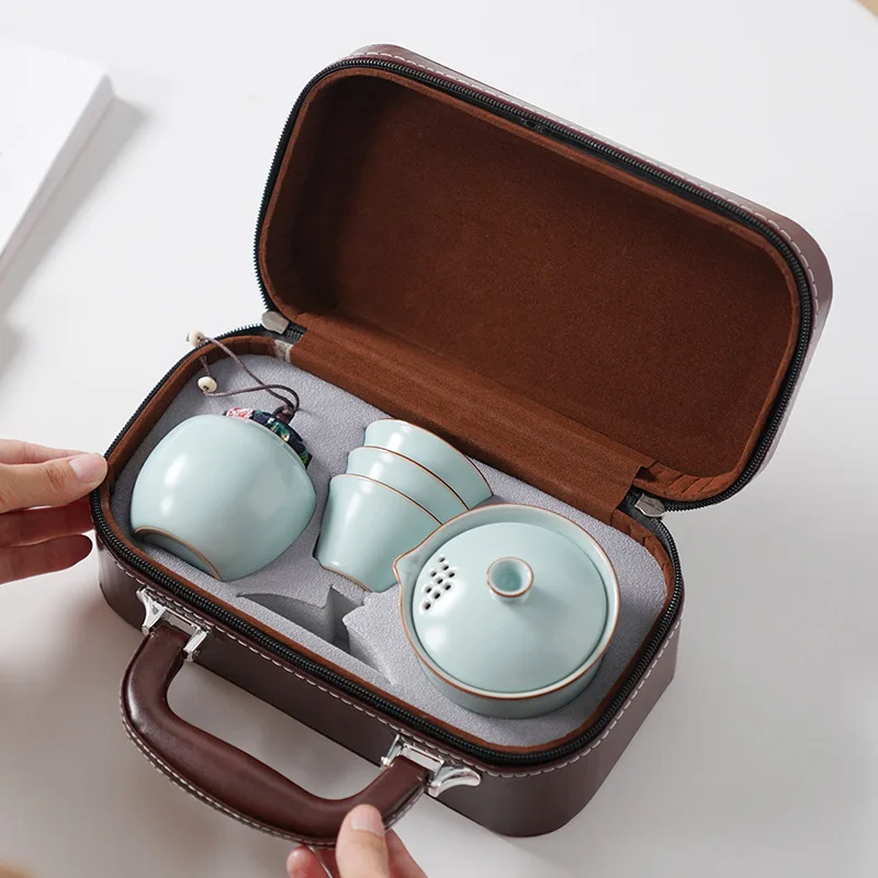 Ru Kiln Travel Tea Set Portable Outdoor Teaware One Pot Three Cups Suit Tea Ceremony Supplies Home Beauty Infuser