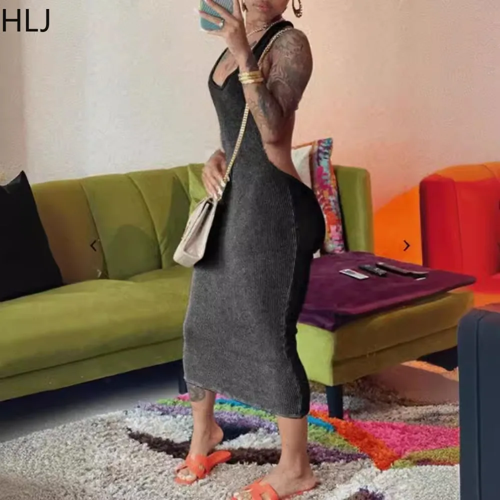 

Женское однотонное облегающее платье HLJ, с открытой спиной и круглым вырезом, без рукавов