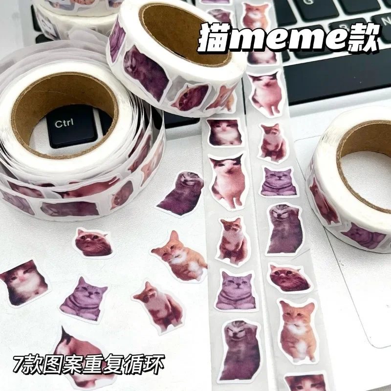 500PCS/Roll Cat Meme Stickers 7 Styles Funny Cat Stickers Cute Animal Decals Vinyl Waterproof Sticker for Scrapbooking DIY