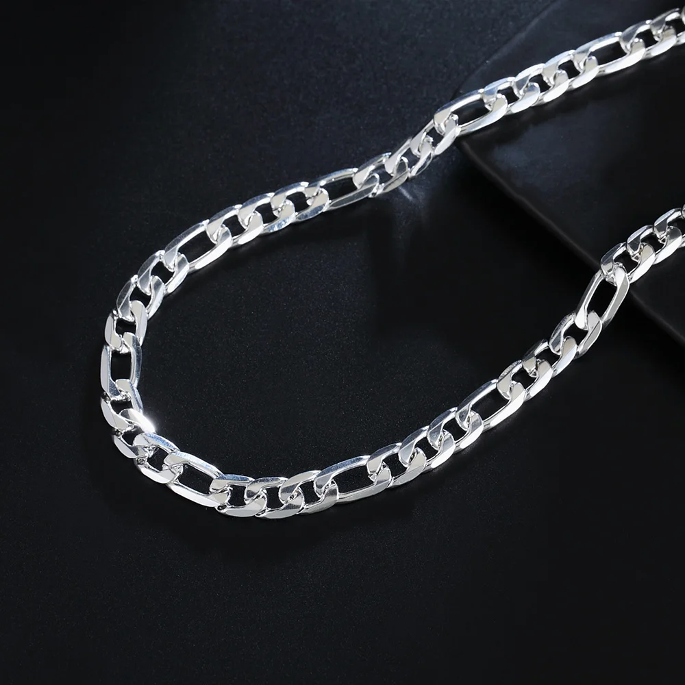 

Free Shipping 925 Silver 8MM 18/20/22/24 Inches Full Side Figaro Chain Necklace For Men Women Fashion Wedding Gift Jewelry