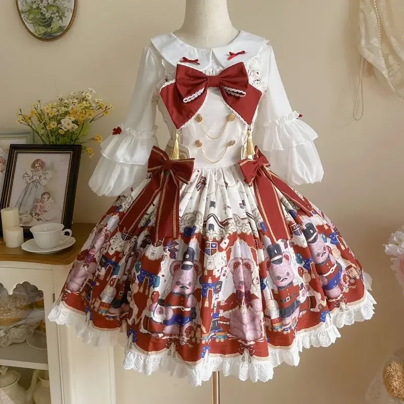 

Kawaii Lolita Jsk Dress Women Sweet Lace Ruffles Cartoon Bear Print Party Mini Dresses Girls Victorian Gothic Bow Princess Dress