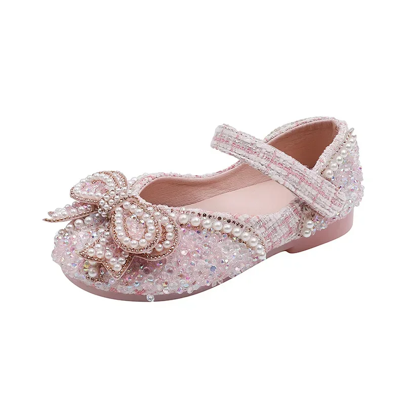 Girls Shoes Bling Single Shoes for Stage Performance Mary Janes Bow Crystal Glitter Wedding Flats Dance Party Leather Shoes New 6