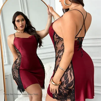 Plus Size 5XLWomens Nightgown Home Dress Sexy Patchwork Hollow Out Lace Nightdress Sleepwear Loose Satin Nightwear Loungewear