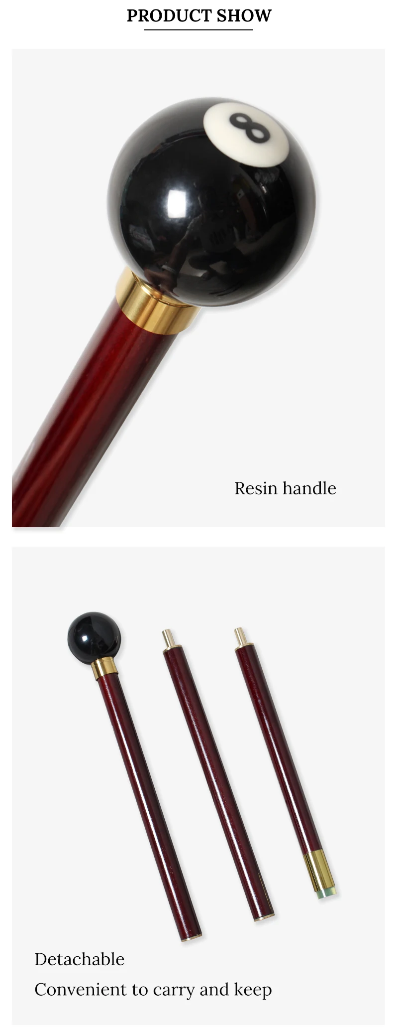 Black 8th Billiards Resin Handle 3-Piece Red Wooden Walking Stick Elegant Fashionable Decorative Canes for Men And Women