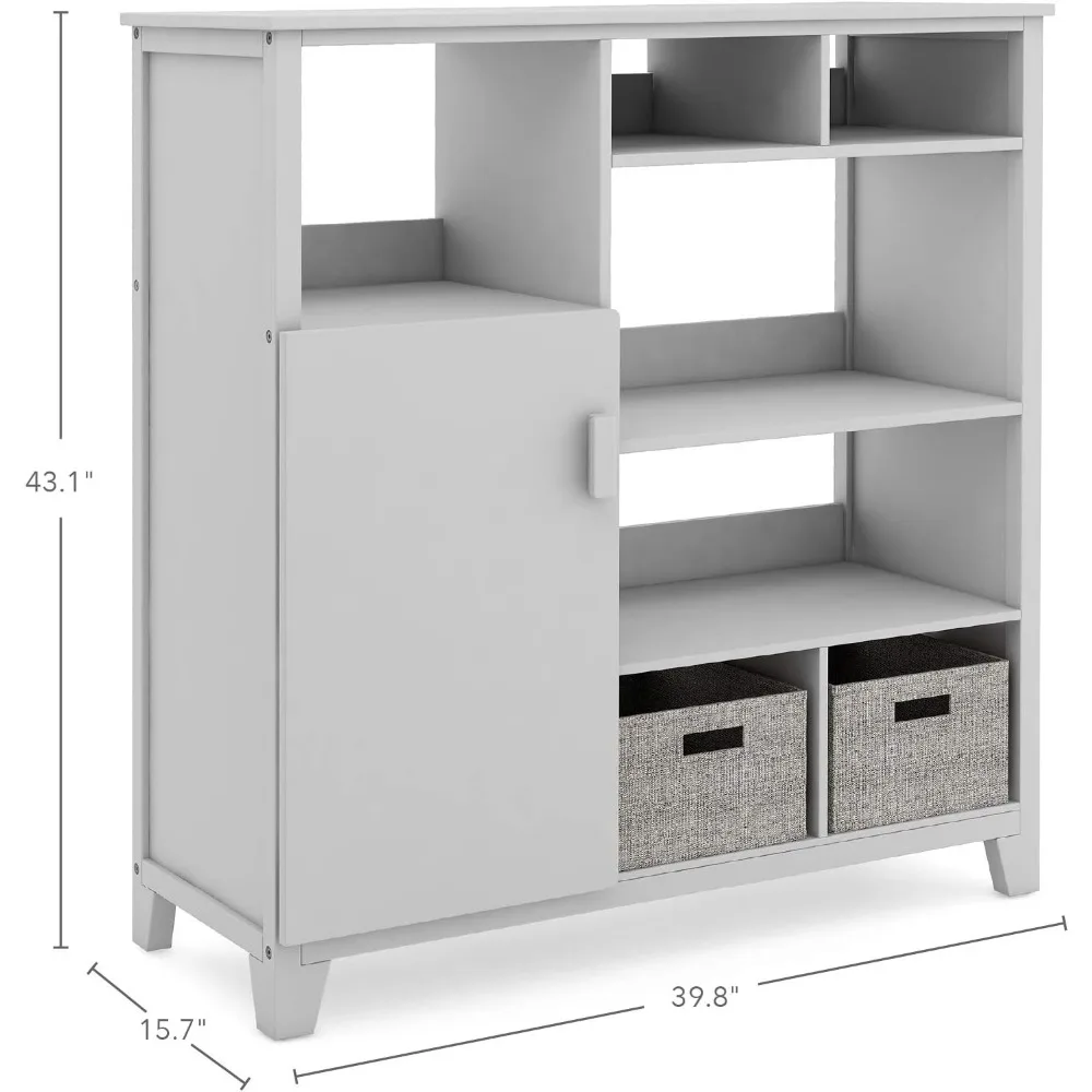 Kids' Media System-: 43 Inch Wooden Cubby Storage Organizer Bookcase with Fabric Bins for Bedroom and Playroom