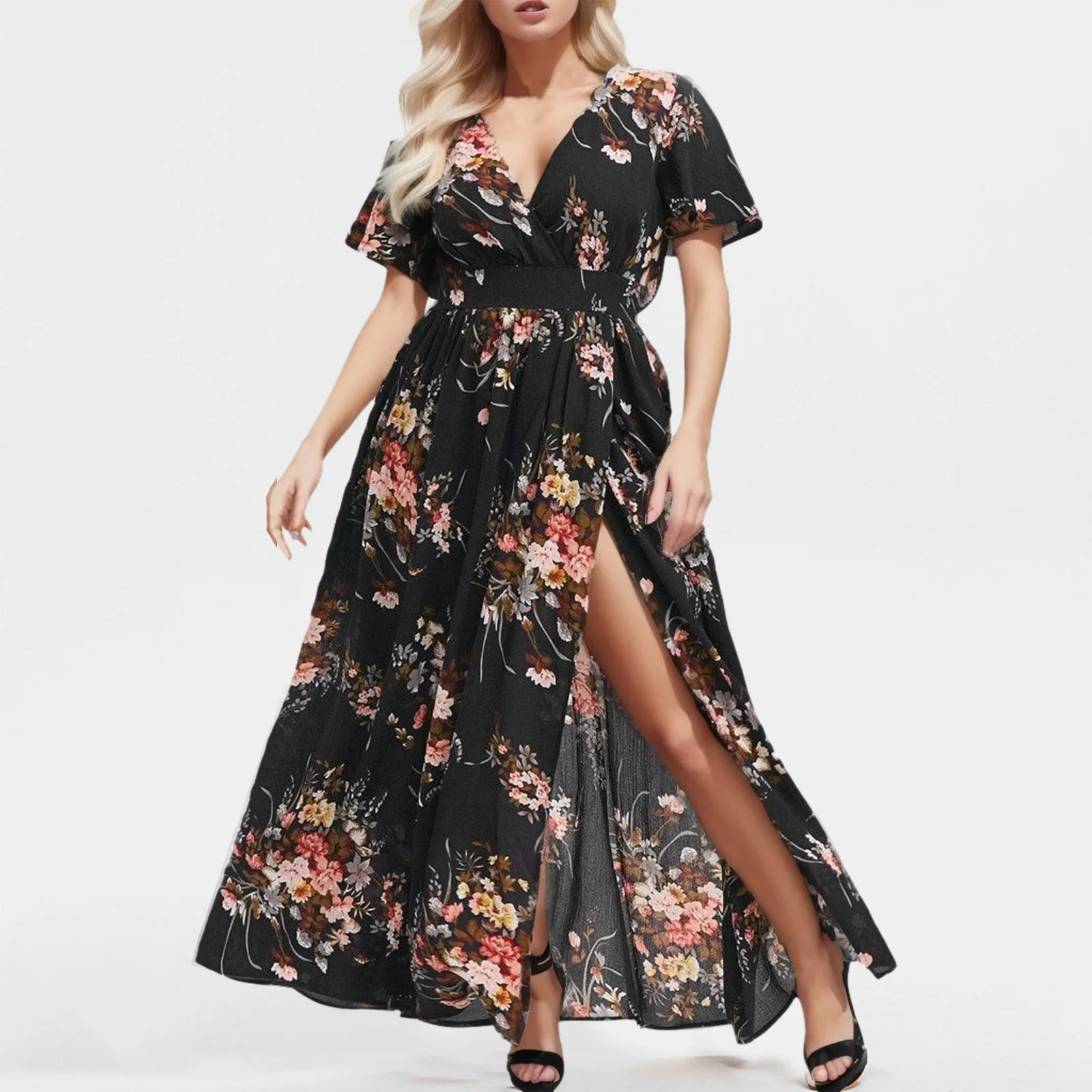 

Fashion Plus Size Women Dress Floral Chiffon Flower Split Dress Boho Print Short Sleeve Dress Plunging V-Neck Tunic Long Dress