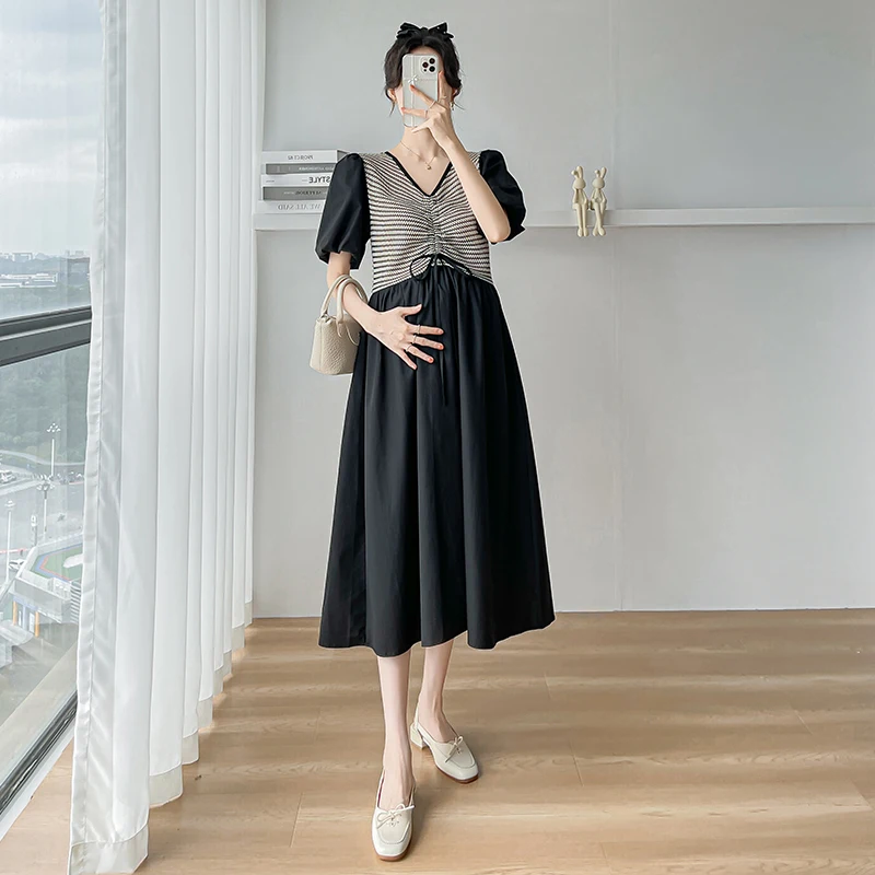 

Drawstring V-Neck Maternity Chiffon Dress Summer Short Sleeve Striped Patchwork Pregnant Woman Elegant Dress Empired Clothes