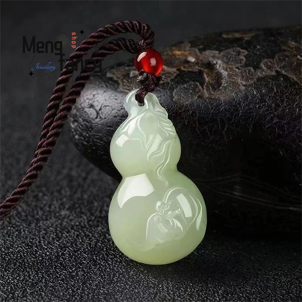 Natural Hetian Green White Jade Gourd Pendant Necklace Jewelry For Fortune And Luck