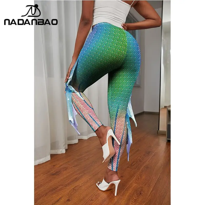 NADANBAO Sexy Women Mermaid Leggings Fish Scale Workout Pants Halloween  Cosplay Nightclub Costumes High Waist Trousers