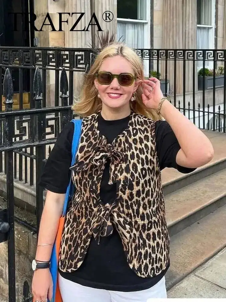 HH Women Vintage Leopard Print Vest Bow Front Tie Top V Neck Sleeveless Vest Coat 2025 Summer Female Fashion Streetwear Tops