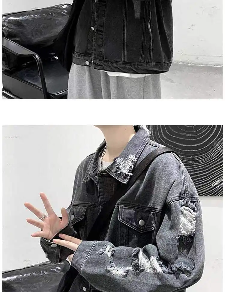 Spring Autumn Ripped Denim Jackets Men's Causal Loose Oversize Handsome High Street Overcoat Men Tops Male Clothes