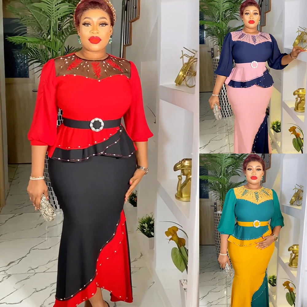 

Elegant African Clothes for Women 2 PCS Sets Tops And Skirts Suits Dashiki Ankara Lace Outfits Gown Plus Size Lady Party Dresses